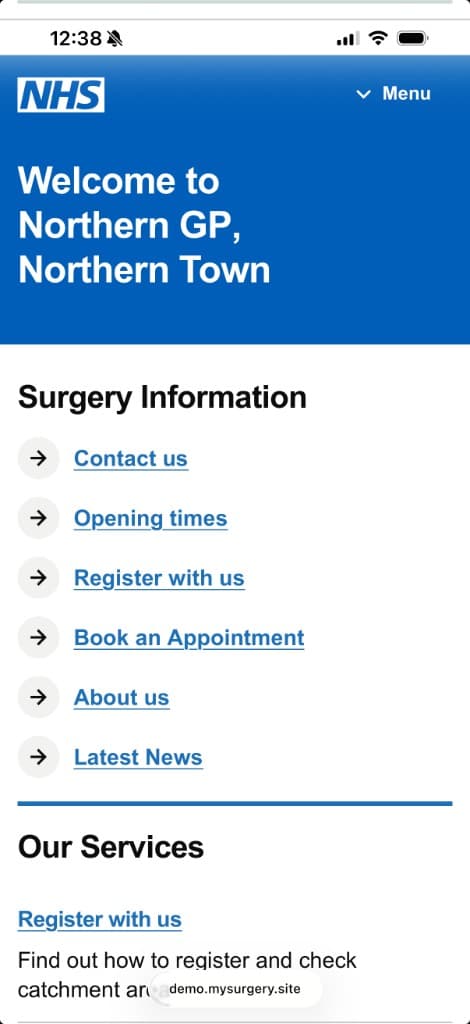 Mobile view of GP surgery website