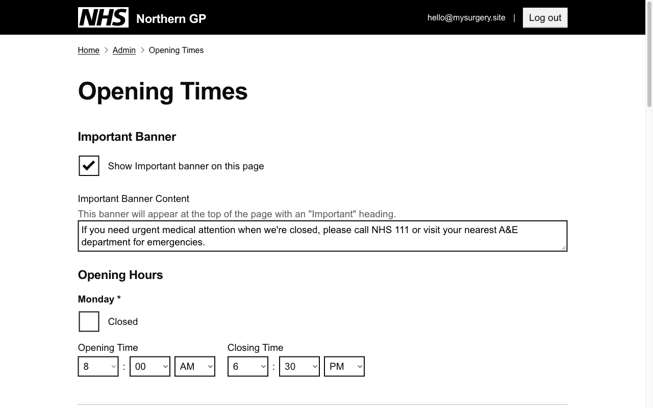 The demo practice's admin page for opening times, with a box for the 'Important' message and opening and closing times for each day