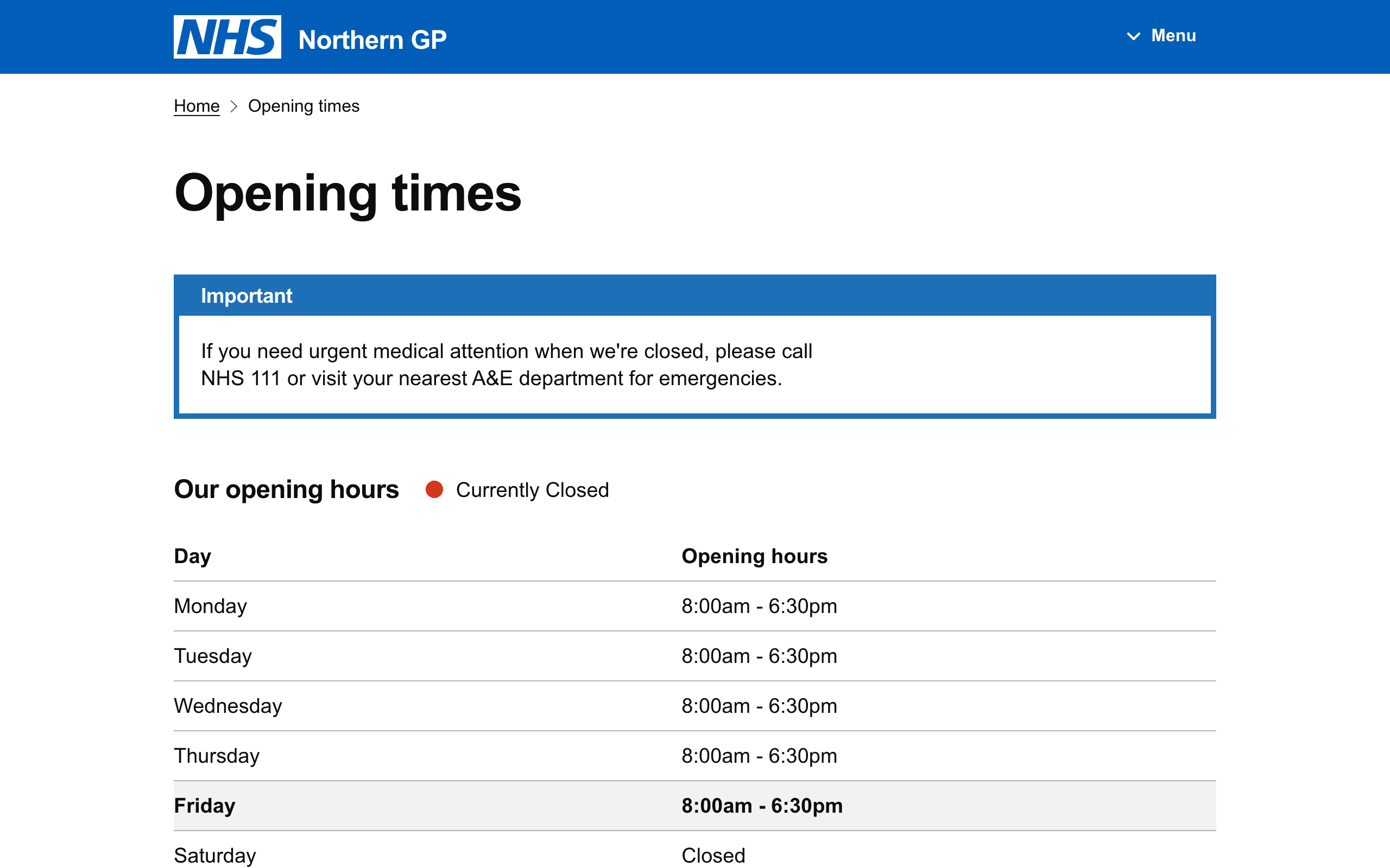 The demo practice's opening times page, with a note about calling NHS 111 when the practice is closed and a table of opening hours by day