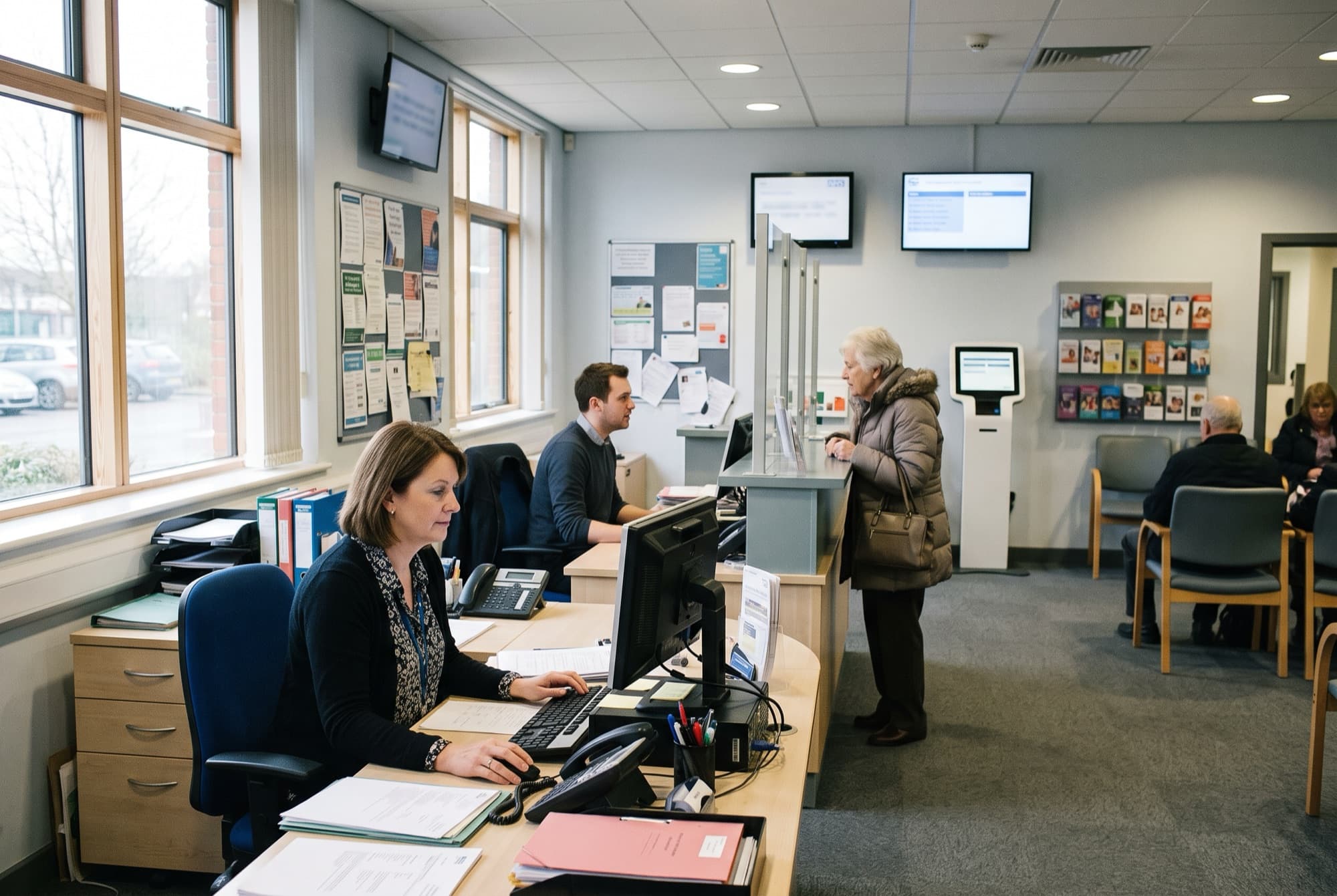A GP practice reception: a practice manager at her computer, a receptionist helping a patient at the desk, and people in the waiting area